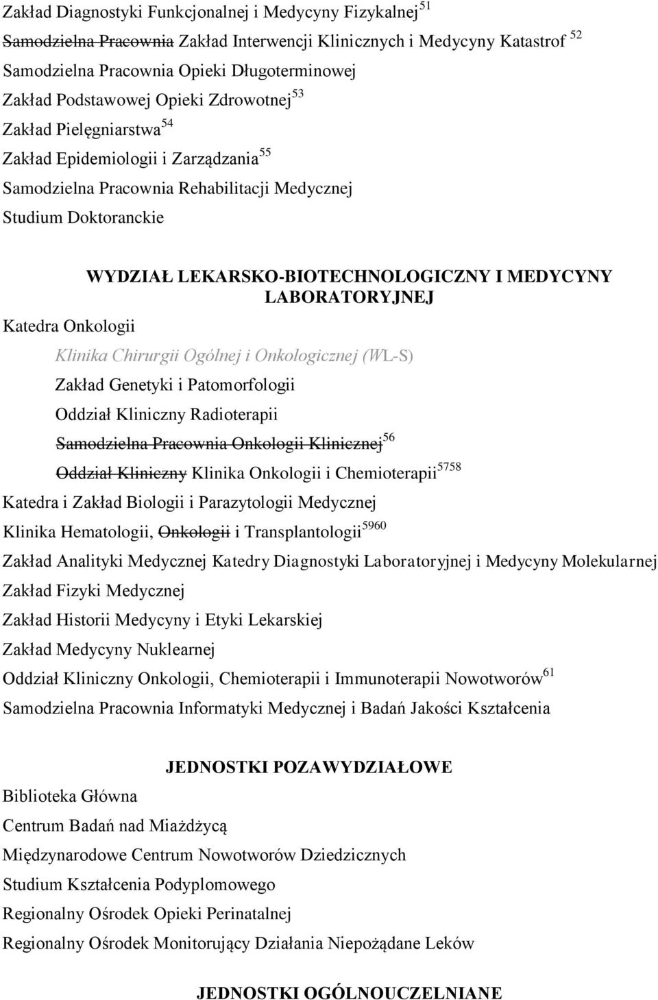 LEKARSKO-BIOTECHNOLOGICZNY I MEDYCYNY LABORATORYJNEJ Klinika Chirurgii Ogólnej i Onkologicznej (WL-S) Zakład Genetyki i Patomorfologii Oddział Kliniczny Radioterapii Samodzielna Pracownia Onkologii