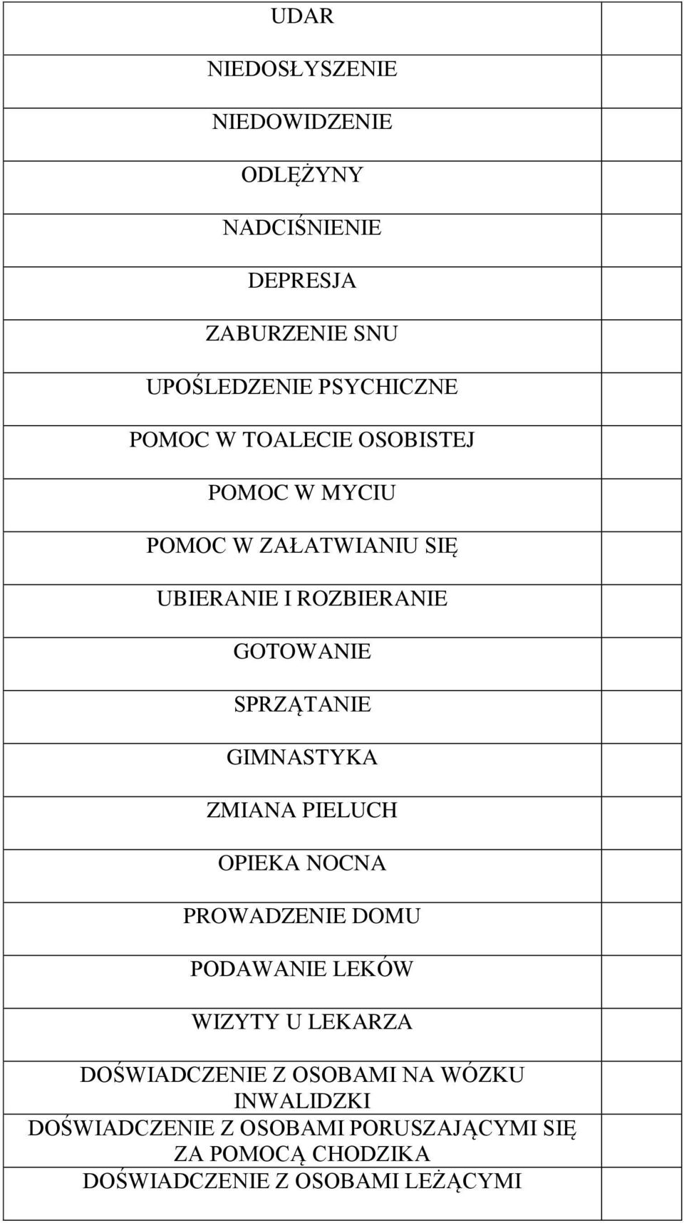 ZMIANA PIELUCH OPIEKA NOCNA PROWADZE DOMU PODAWA LEKÓW WIZYTY U LEKARZA DOŚWIADCZE Z OSOBAMI NA