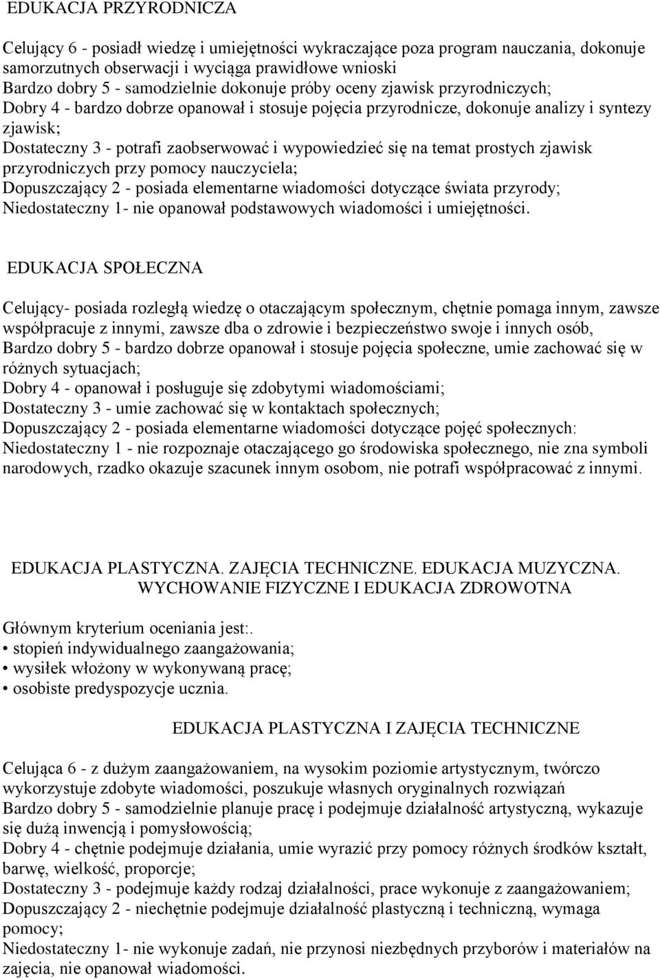 się na temat prostych zjawisk przyrodniczych przy pomocy nauczyciela; Dopuszczający 2 - posiada elementarne wiadomości dotyczące świata przyrody; Niedostateczny 1- nie opanował podstawowych