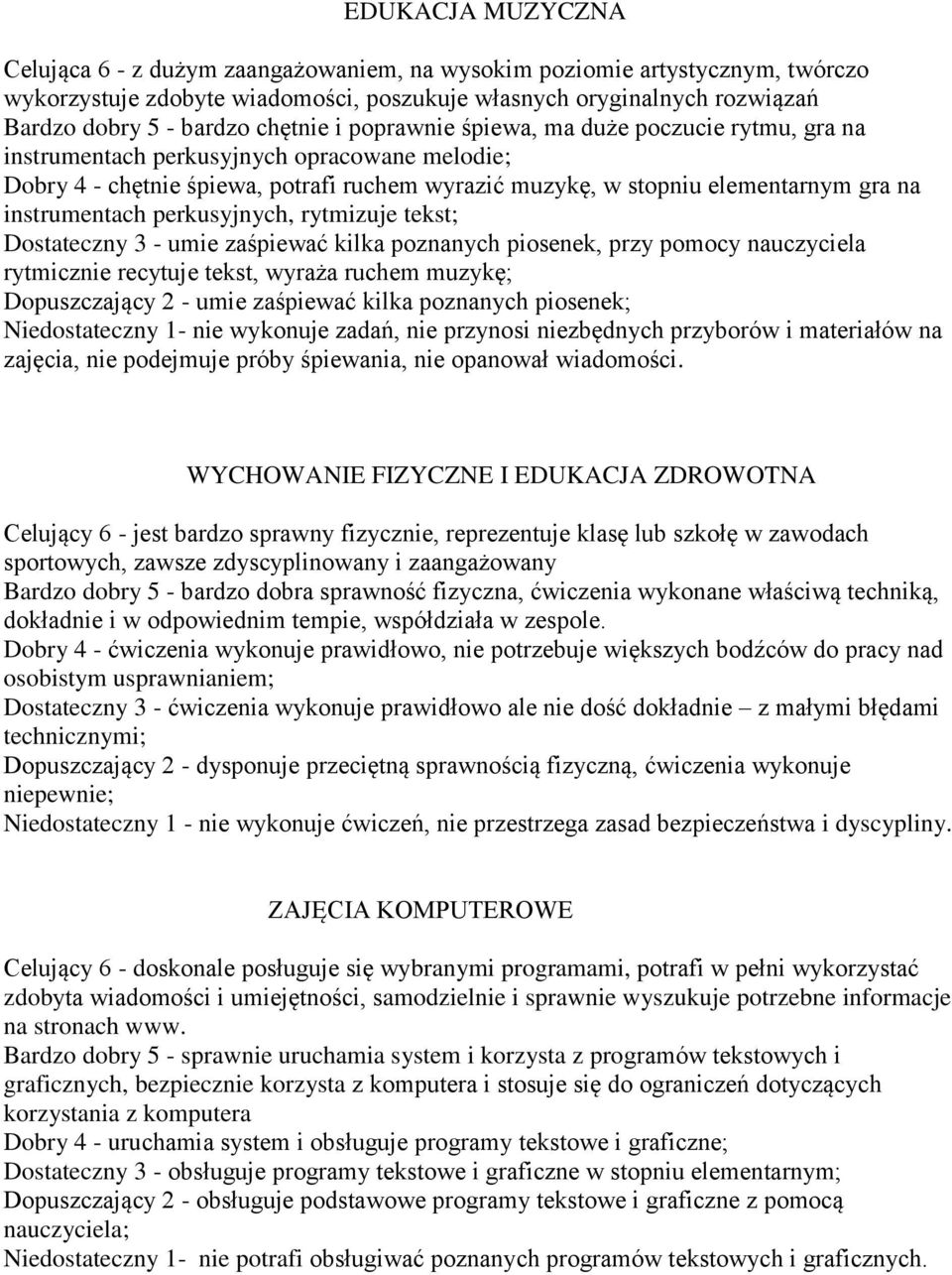 instrumentach perkusyjnych, rytmizuje tekst; Dostateczny 3 - umie zaśpiewać kilka poznanych piosenek, przy pomocy nauczyciela rytmicznie recytuje tekst, wyraża ruchem muzykę; Dopuszczający 2 - umie
