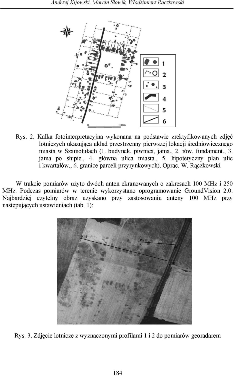 budynek, piwnica, jama., 2. rów, fundament., 3. jama po słupie., 4. główna ulica miasta., 5. hipotetyczny plan ulic i kwartałów., 6. granice parceli przyrynkowych). Oprac. W.
