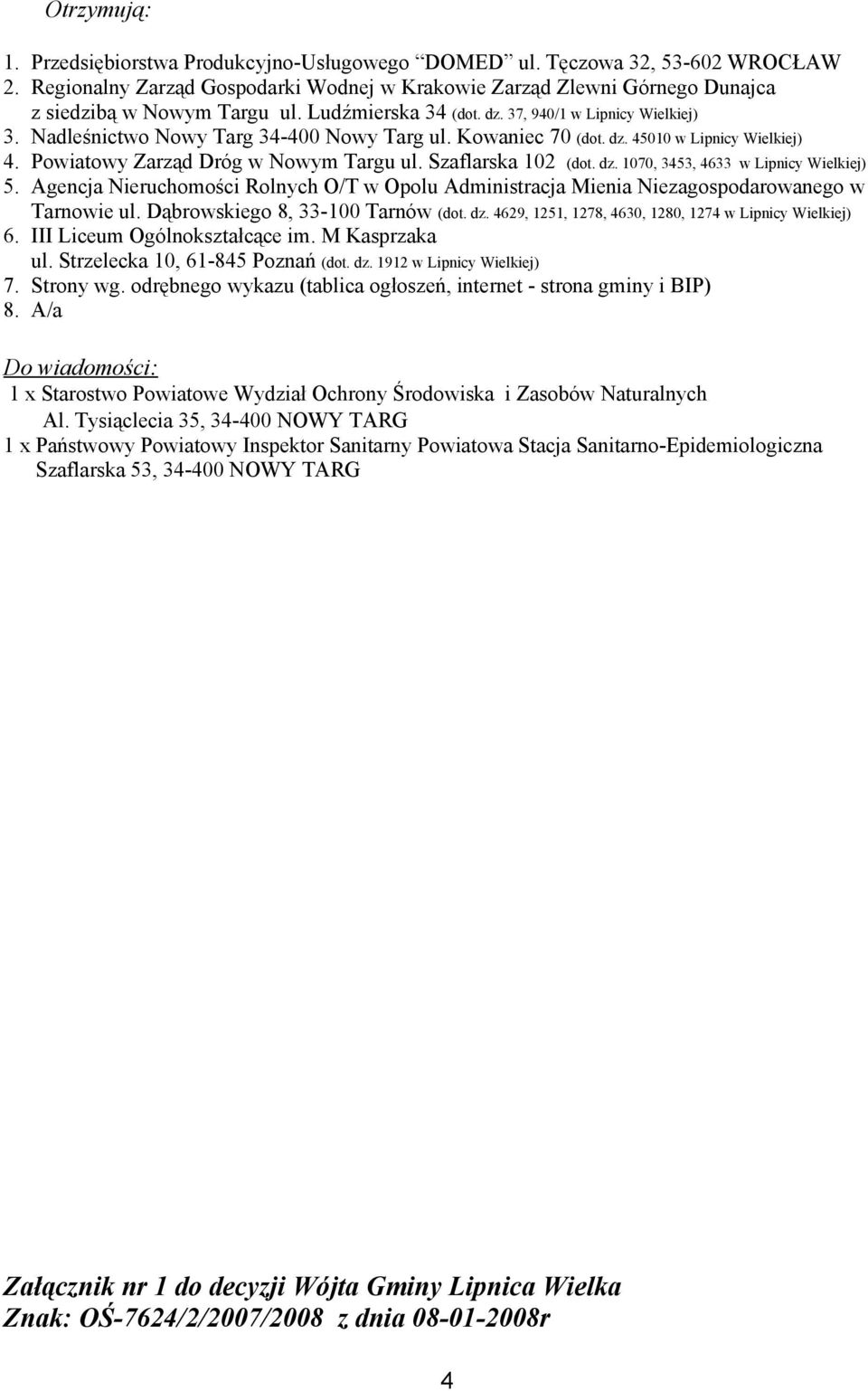 Szaflarska 102 (dot. dz. 1070, 3453, 4633 w Lipnicy Wielkiej) 5. Agencja Nieruchomości Rolnych O/T w Opolu Administracja Mienia Niezagospodarowanego w Tarnowie ul. Dąbrowskiego 8, 33-100 Tarnów (dot.