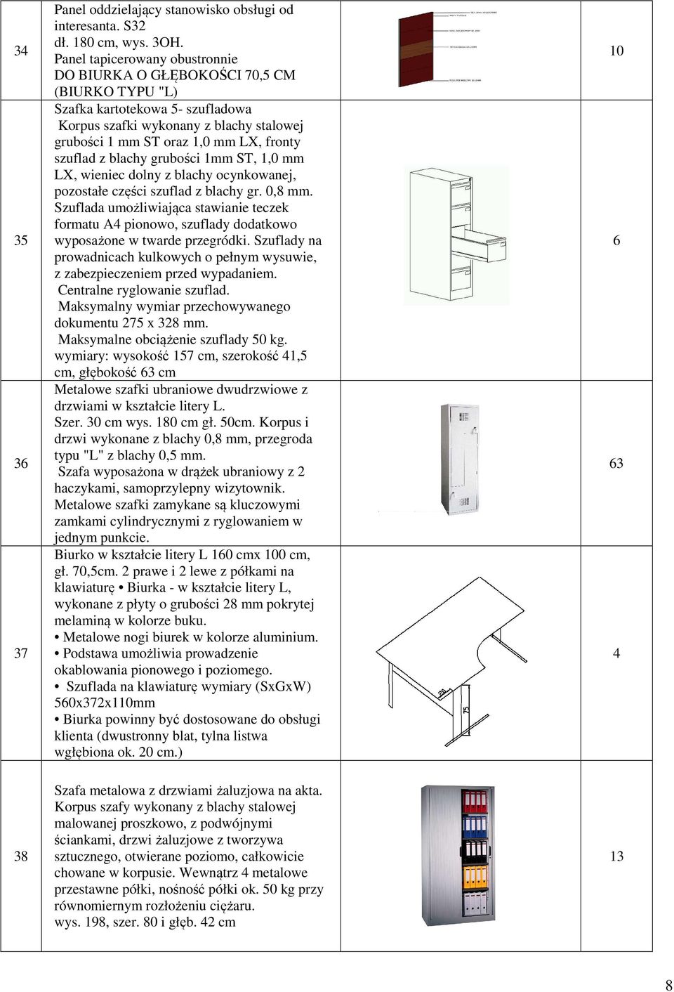 blachy grubości mm ST,,0 mm LX, wieniec dolny z blachy ocynkowanej, pozostałe części szuflad z blachy gr. 0,8 mm.