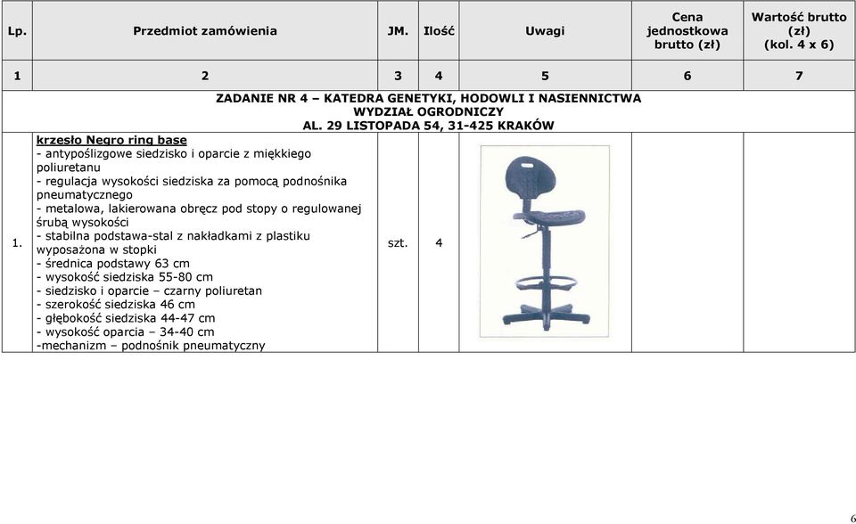 29 LISTOPADA 54, 31-425 KRAKÓW krzesło Negro ring base - antypoślizgowe siedzisko i oparcie z miękkiego poliuretanu - regulacja wysokości siedziska za pomocą podnośnika pneumatycznego -