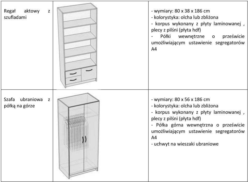 ubraniowa z półką na górze - wymiary: 80 x 56 x 186 cm - kolorystyka: olcha lub zbliżona - korpus wykonany z płyty