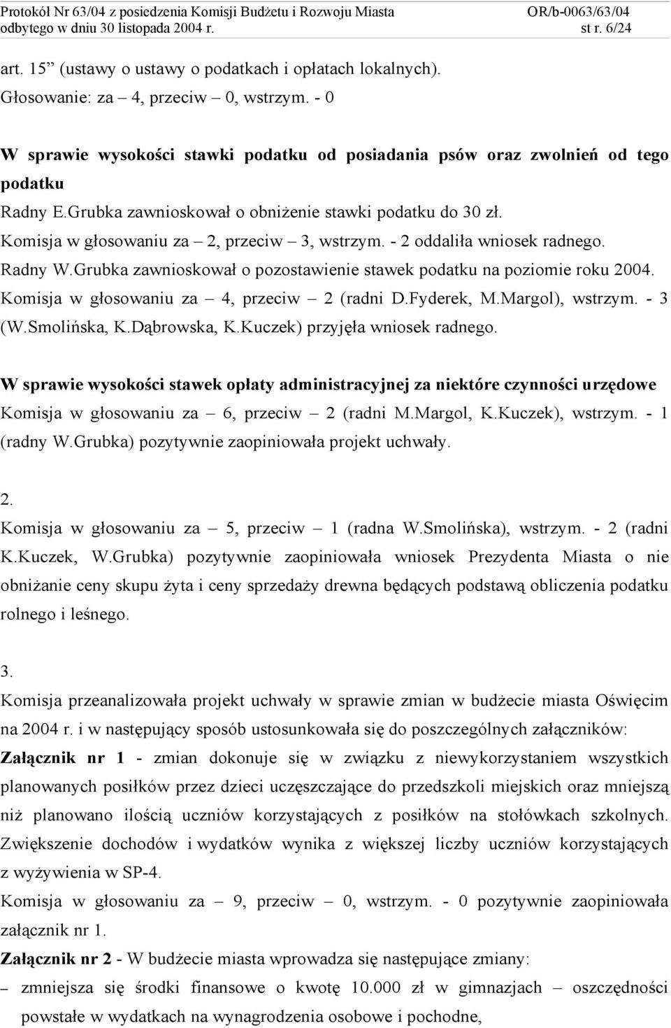 - 2 oddaliła wniosek radnego. Radny W.Grubka zawnioskował o pozostawienie stawek podatku na poziomie roku 2004. Komisja w głosowaniu za 4, przeciw 2 (radni D.Fyderek, M.Margol), wstrzym. - 3 (W.