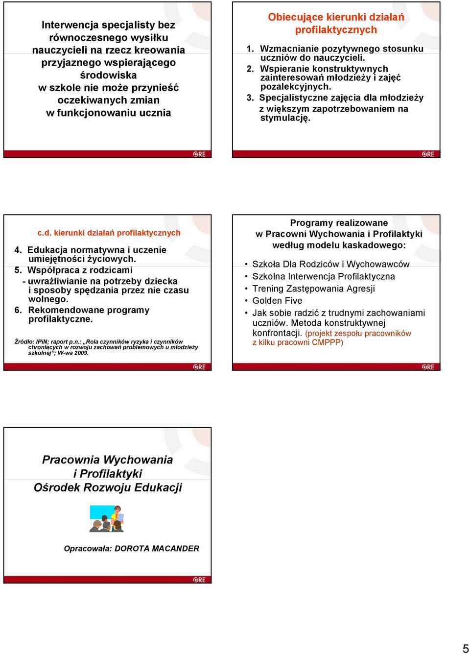 Specjalistyczne zajęcia dla młodzieŝy z większym zapotrzebowaniem na stymulację. c.d. kierunki działań profilaktycznych 4. Edukacja normatywna i uczenie umiejętności Ŝyciowych. 5.