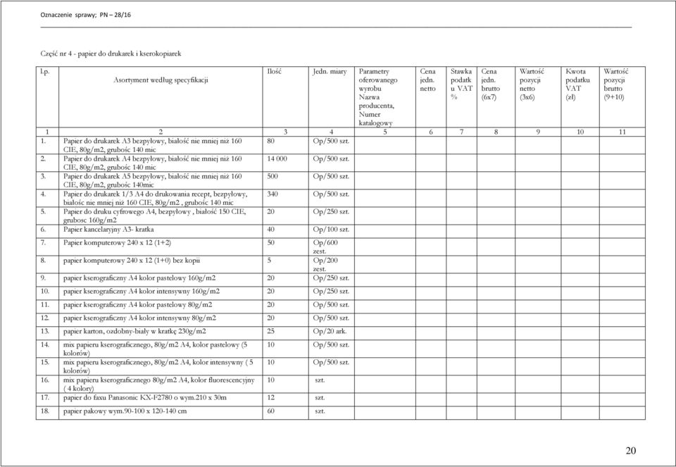 CIE, 80g/m2, grubośc 140 mic 3. Papier do drukarek A5 bezpyłowy, białość nie mniej niż 160 500 Op/500 szt. CIE, 80g/m2, grubośc 140mic 4.