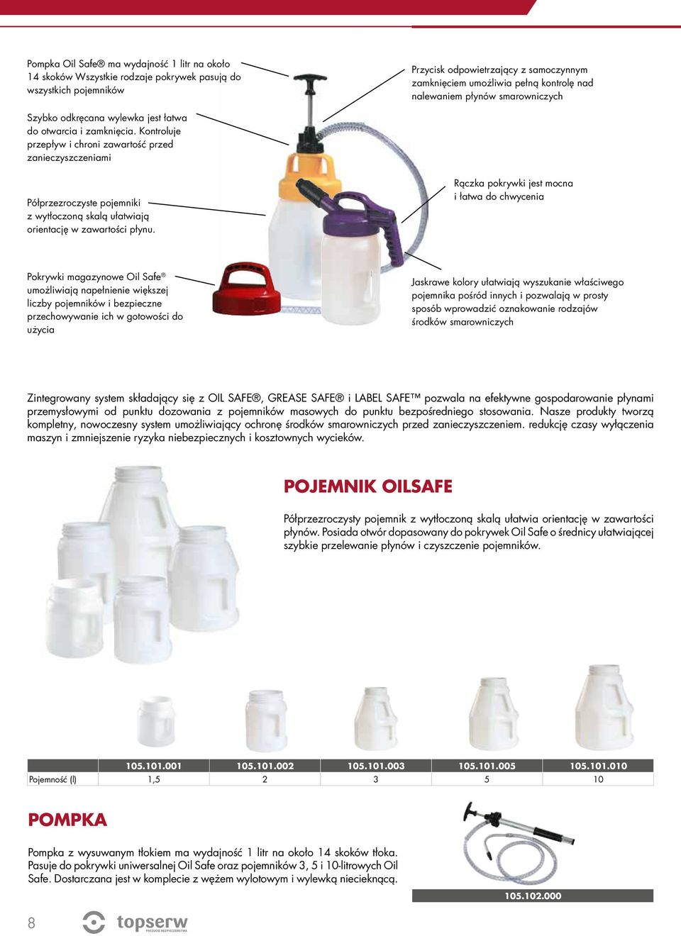 Kontroluje przepływ i chroni zawartość przed zanieczyszczeniami Półprzezroczyste pojemniki z wytłoczoną skalą ułatwiają orientację w zawartości płynu.