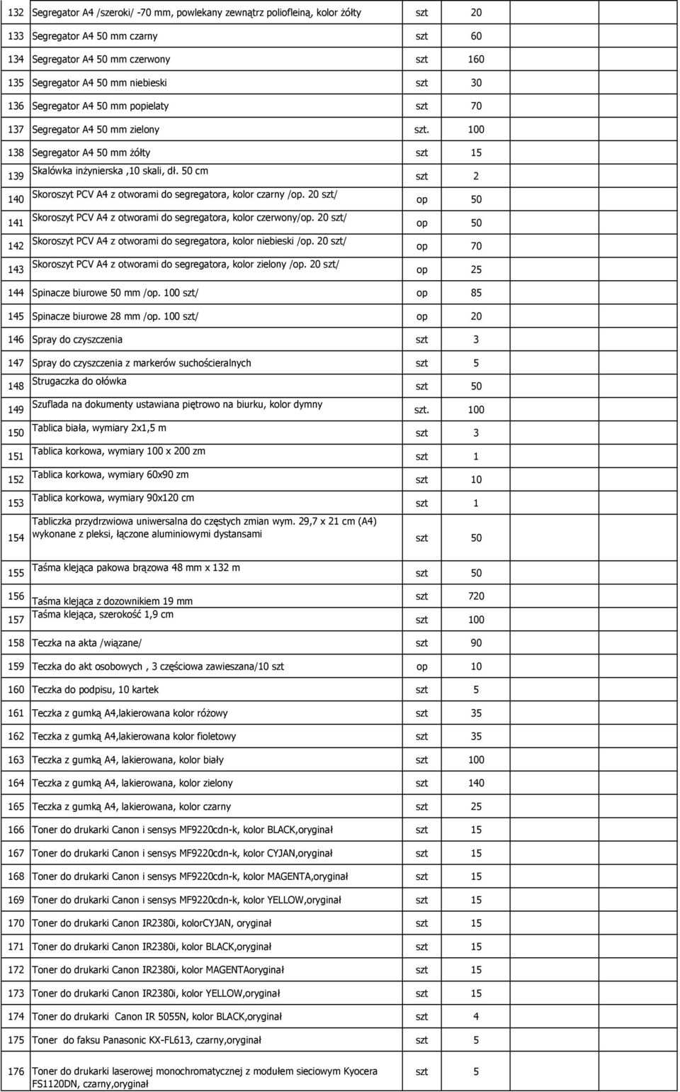 50 cm szt 2 140 Skoroszyt PCV A4 z otworami do segregatora, kolor czarny /op. 20 szt/ op 50 141 Skoroszyt PCV A4 z otworami do segregatora, kolor czerwony/op.