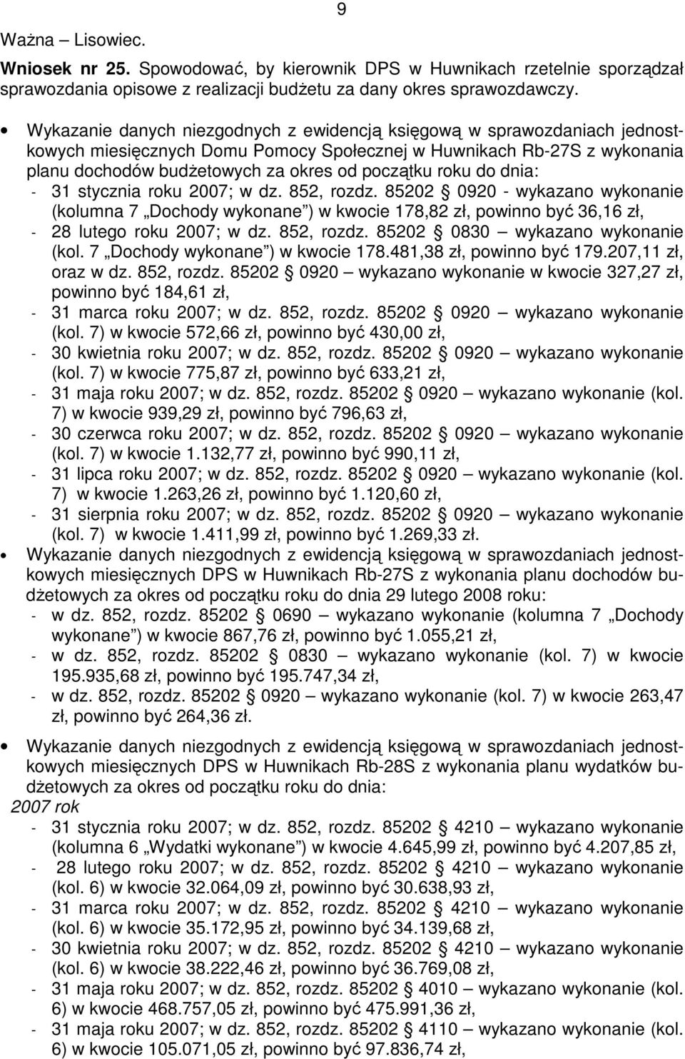 roku do dnia: - 31 stycznia roku 2007; w dz. 852, rozdz. 85202 0920 - wykazano wykonanie (kolumna 7 Dochody wykonane ) w kwocie 178,82 zł, powinno być 36,16 zł, - 28 lutego roku 2007; w dz.