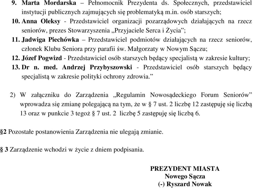 Jadwiga Piechówka Przedstawiciel podmiotów działających na rzecz seniorów, członek Klubu Seniora przy parafii św. Małgorzaty w Nowym Sączu; 12.