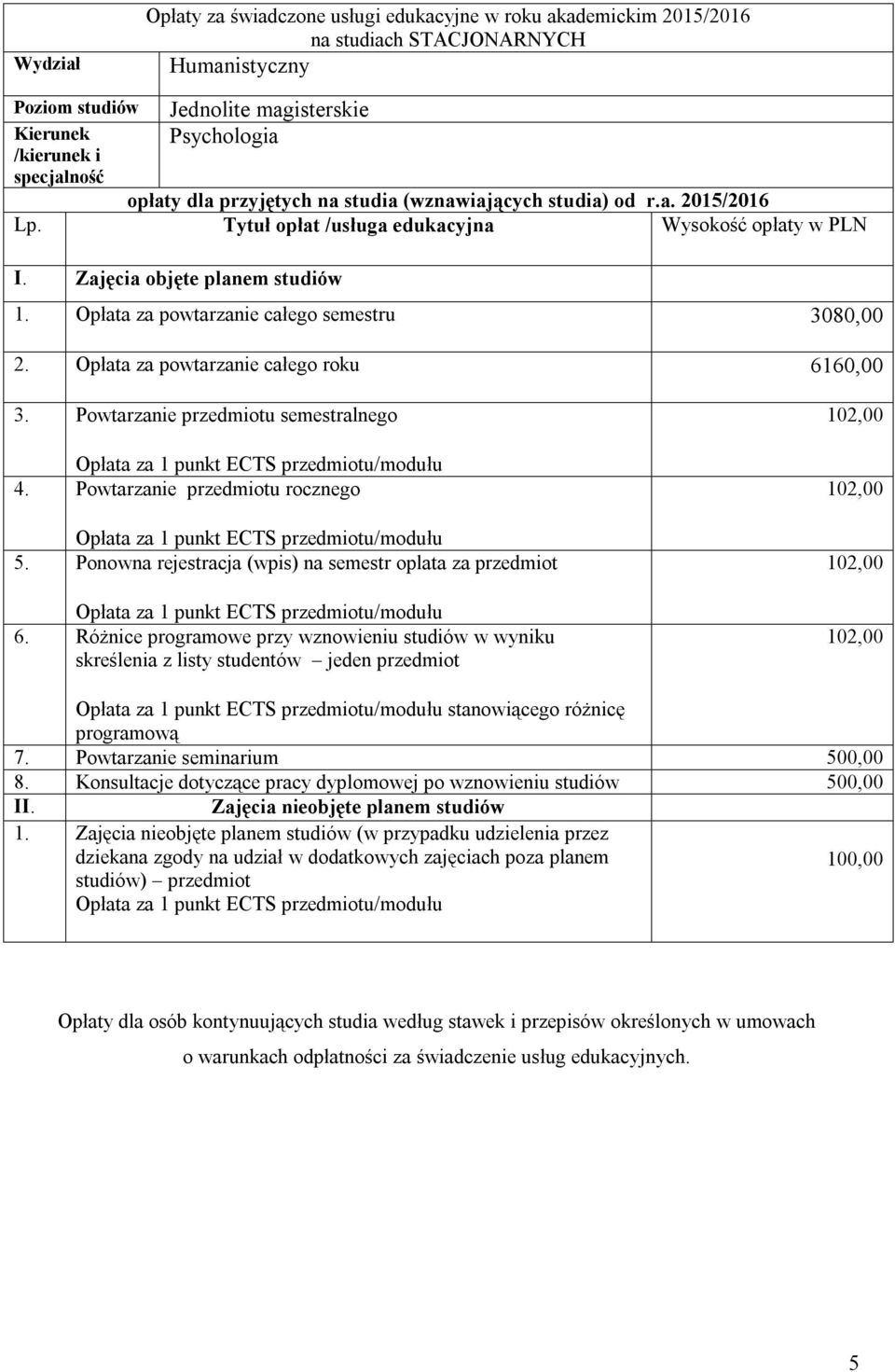 Powtarzanie przedmiotu semestralnego 4. Powtarzanie przedmiotu rocznego 5. Ponowna rejestracja (wpis) na semestr oplata za przedmiot 6.