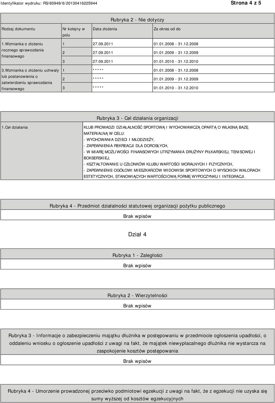 01.2008-31.12.2008 2 ***** 01.01.2009-31.12.2009 3 ***** 01.01.2010-31.12.2010 Rubryka 3 - Cel działania organizacji 1.