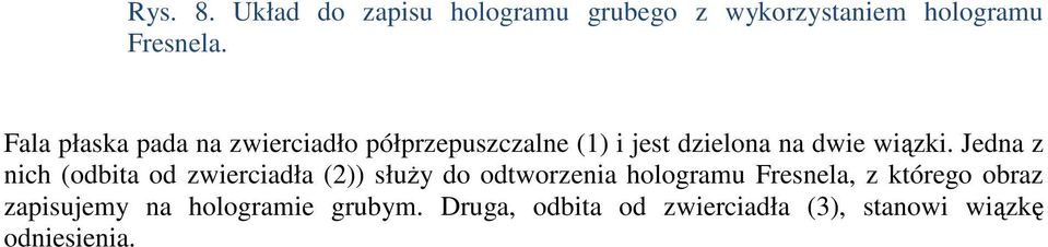 Jedna z nich (odbita od zwierciadła (2)) słuŝy do odtworzenia hologramu Fresnela, z