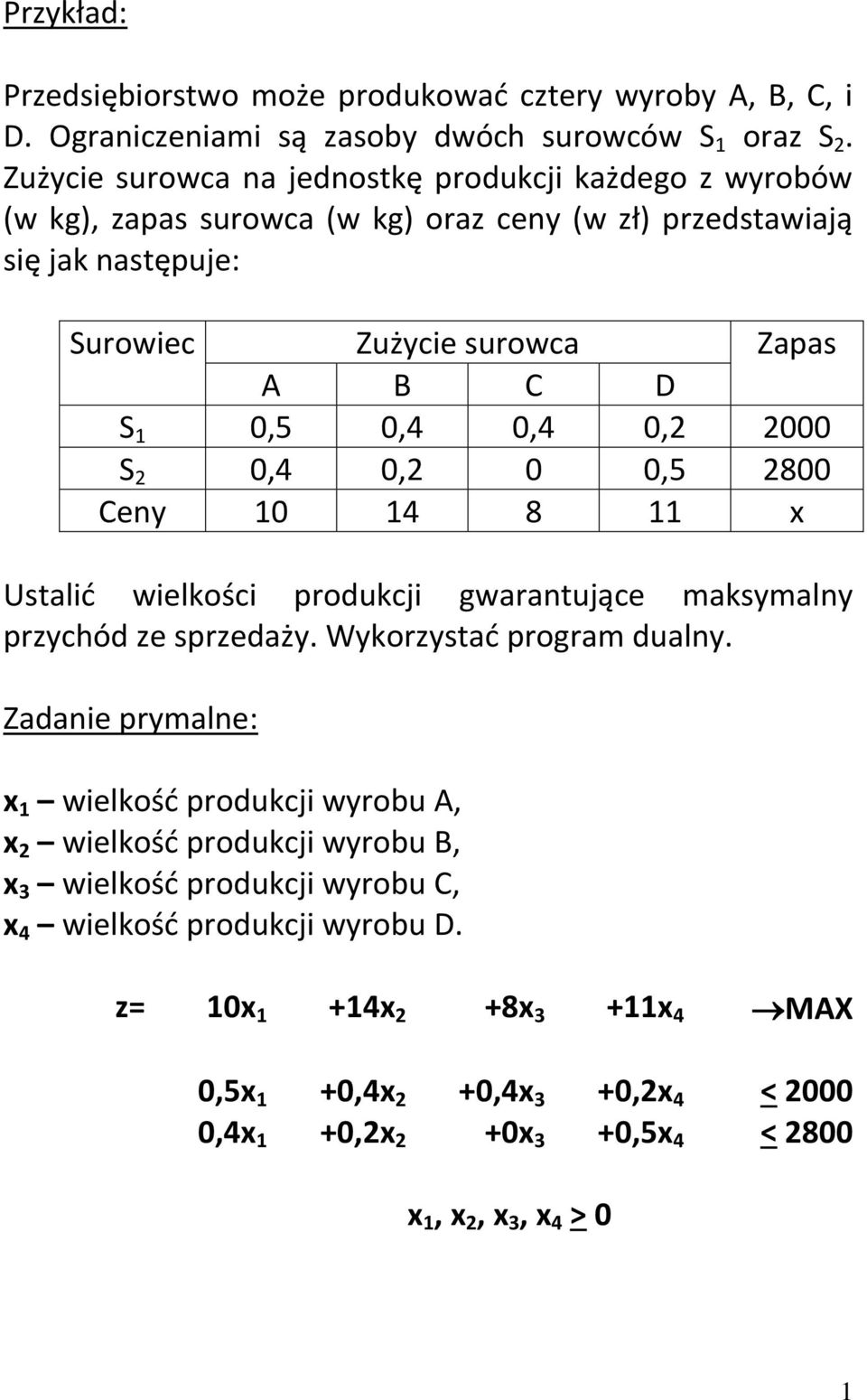 0,4 0,2 2000 S 2 0,4 0,2 0 0,5 2800 Ceny 10 14 8 11 x Ustalić wielkości produkcji gwarantujące maksymalny przychód ze sprzedaży. Wykorzystać program dualny.