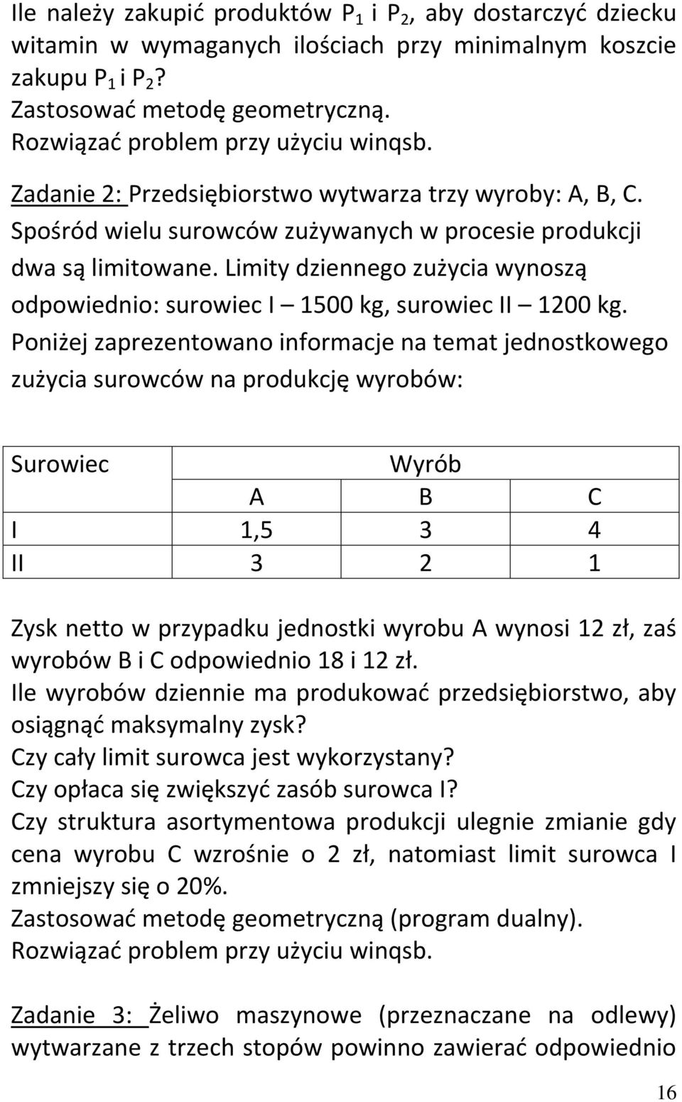 Limity dziennego zużycia wynoszą odpowiednio: surowiec I 1500 kg, surowiec II 1200 kg.