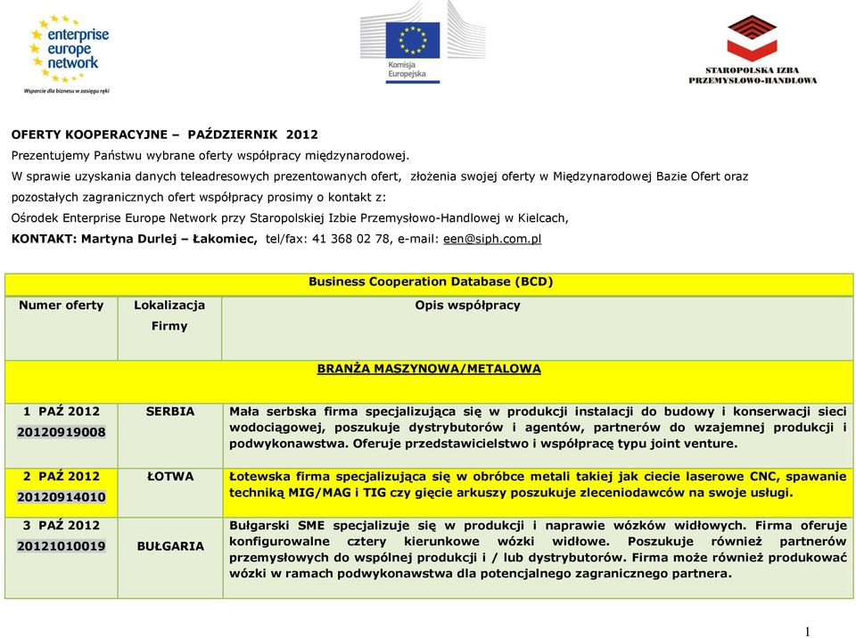 Enterprise Europe Network przy Staropolskiej Izbie Przemysłowo-Handlowej w Kielcach, KONTAKT: Martyna Durlej Łakomiec, tel/fax: 41 368 02 78, e-mail: een@siph.com.