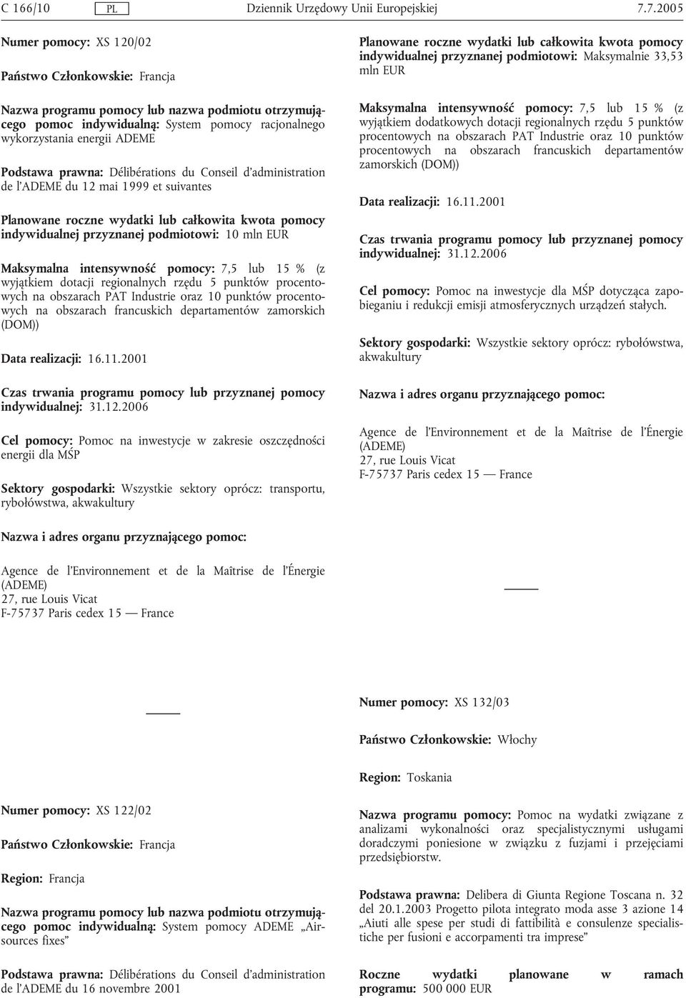 prawna: Délibérations du Conseil d'administration de l'ademe du 12 mai 1999 et suivantes Planowane roczne wydatki lub całkowita kwota pomocy indywidualnej przyznanej podmiotowi: 10 mln Maksymalna