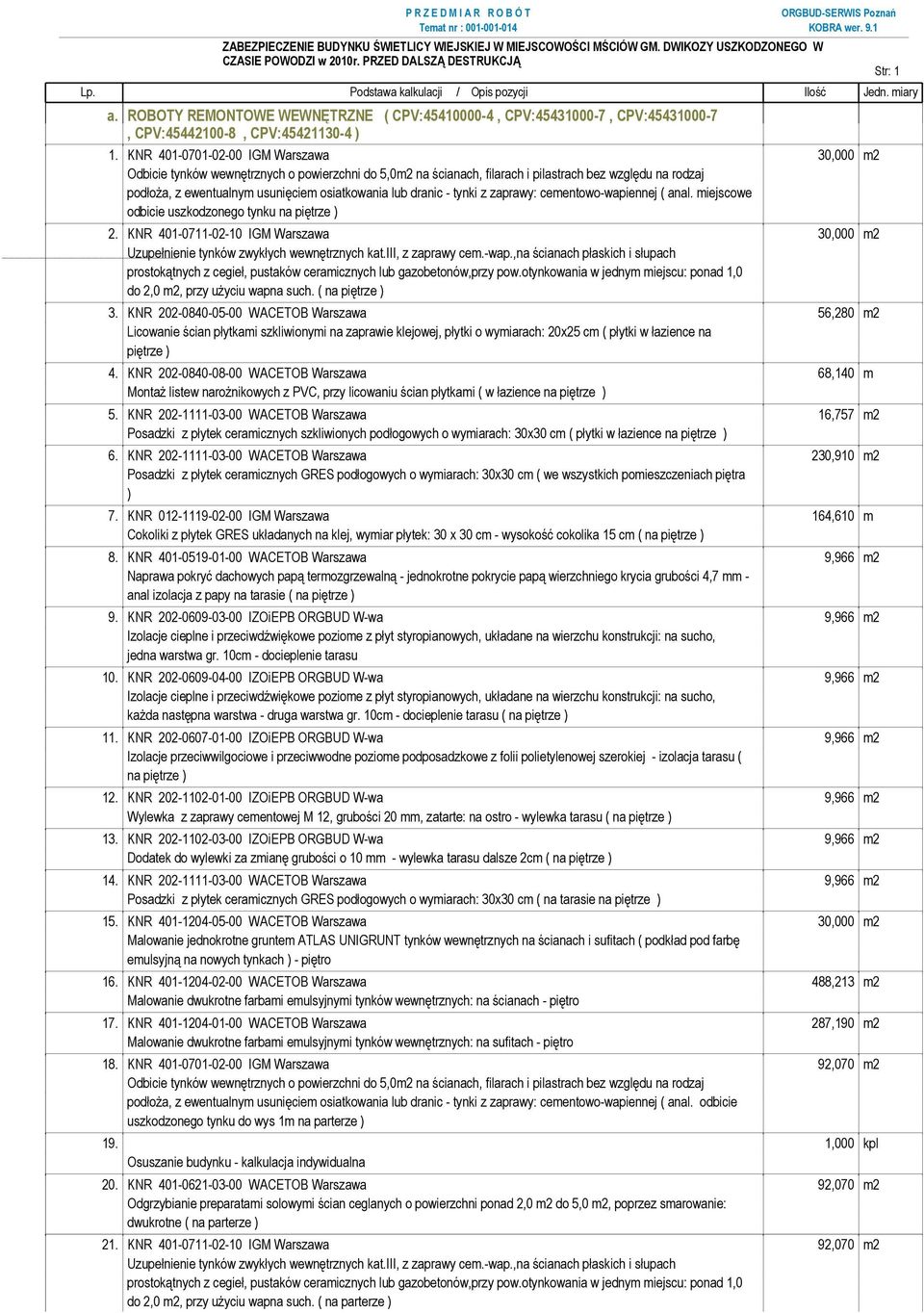 lub dranic - tynki z zaprawy: cementowo-wapiennej ( anal. miejscowe odbicie uszkodzonego tynku na piętrze ) 2. KNR 401-0711-02-10 IGM Warszawa 30,000 m2 Uzupełnienie tynków zwykłych wewnętrznych kat.