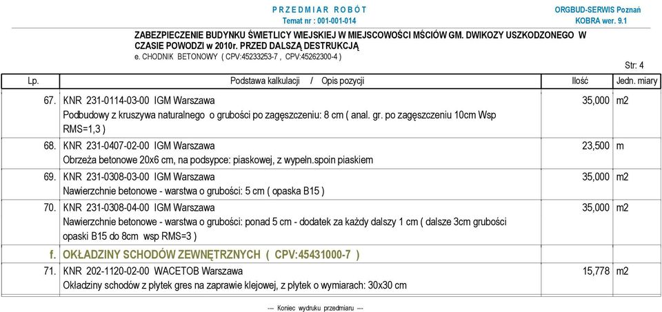 KNR 231-0308-03-00 IGM Warszawa 35,000 m2 Nawierzchnie betonowe - warstwa o grubości: 5 cm ( opaska B15 ) 70.