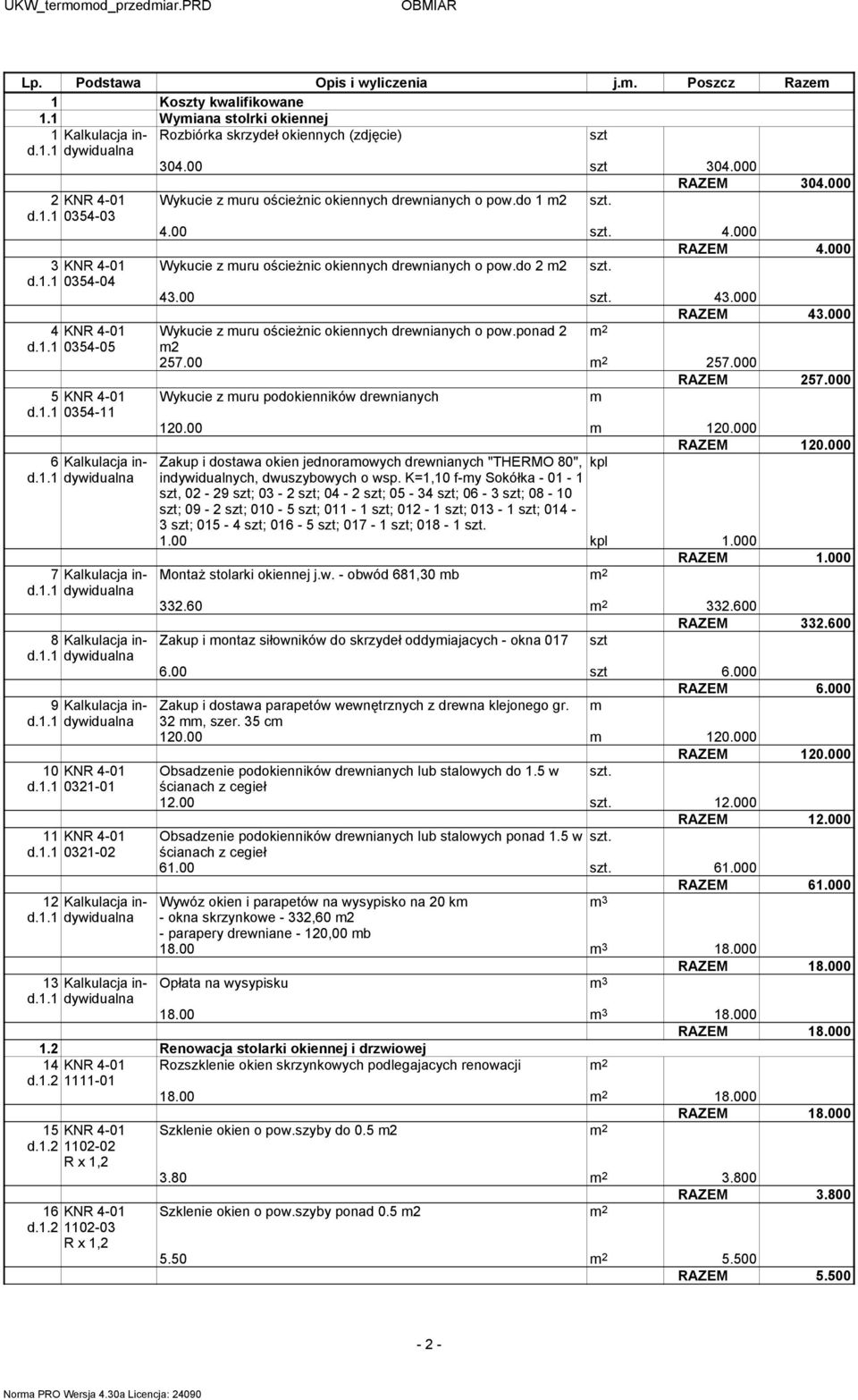 indywidualna 9 Kalkulacja indywidualna 10 KNR 4-01 0321-01 11 KNR 4-01 0321-02 12 Kalkulacja indywidualna 13 Kalkulacja indywidualna Rozbiórka skrzydeł okiennych (zdjęcie) 304.00 szt 304.