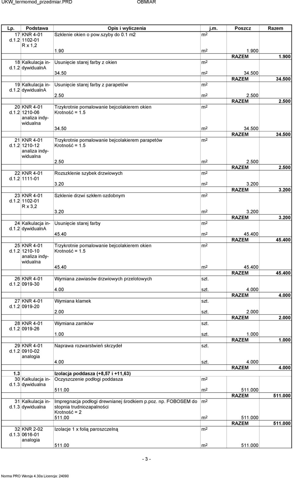 1.2 0919-20 28 KNR 4-01 d.1.2 0919-26 29 KNR 4-01 d.1.2 0910-02 Usunięcie starej farby z okien RAZEM 1.900 34.50 34.500 RAZEM 34.500 Usunięcie starej farby z parapetów 2.50 2.500 RAZEM 2.