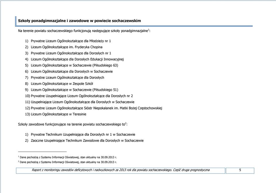 Fryderyka Chopina 3) Prywatne Liceum Ogólnokształcące dla Dorosłych nr 1 4) Liceum Ogólnokształcące dla Dorosłych Edukacji Innowacyjnej 5) Liceum Ogólnokształcące w Sochaczewie (Piłsudskiego 63) 6)