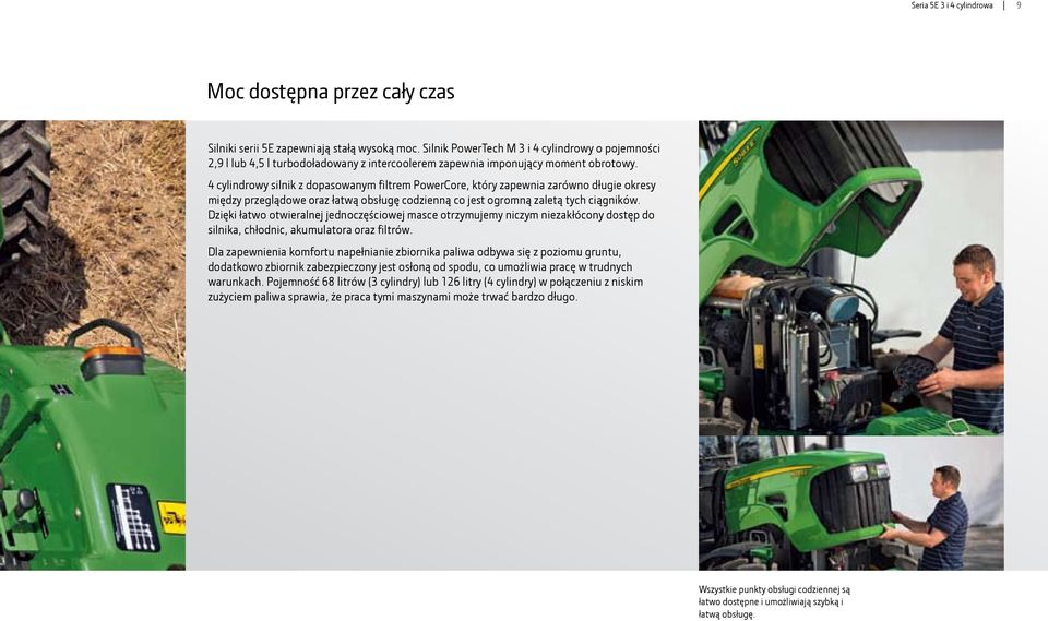 4 cylindrowy silnik z dopasowanym filtrem PowerCore, który zapewnia zarówno długie okresy między przeglądowe oraz łatwą obsługę codzienną co jest ogromną zaletą tych ciągników.