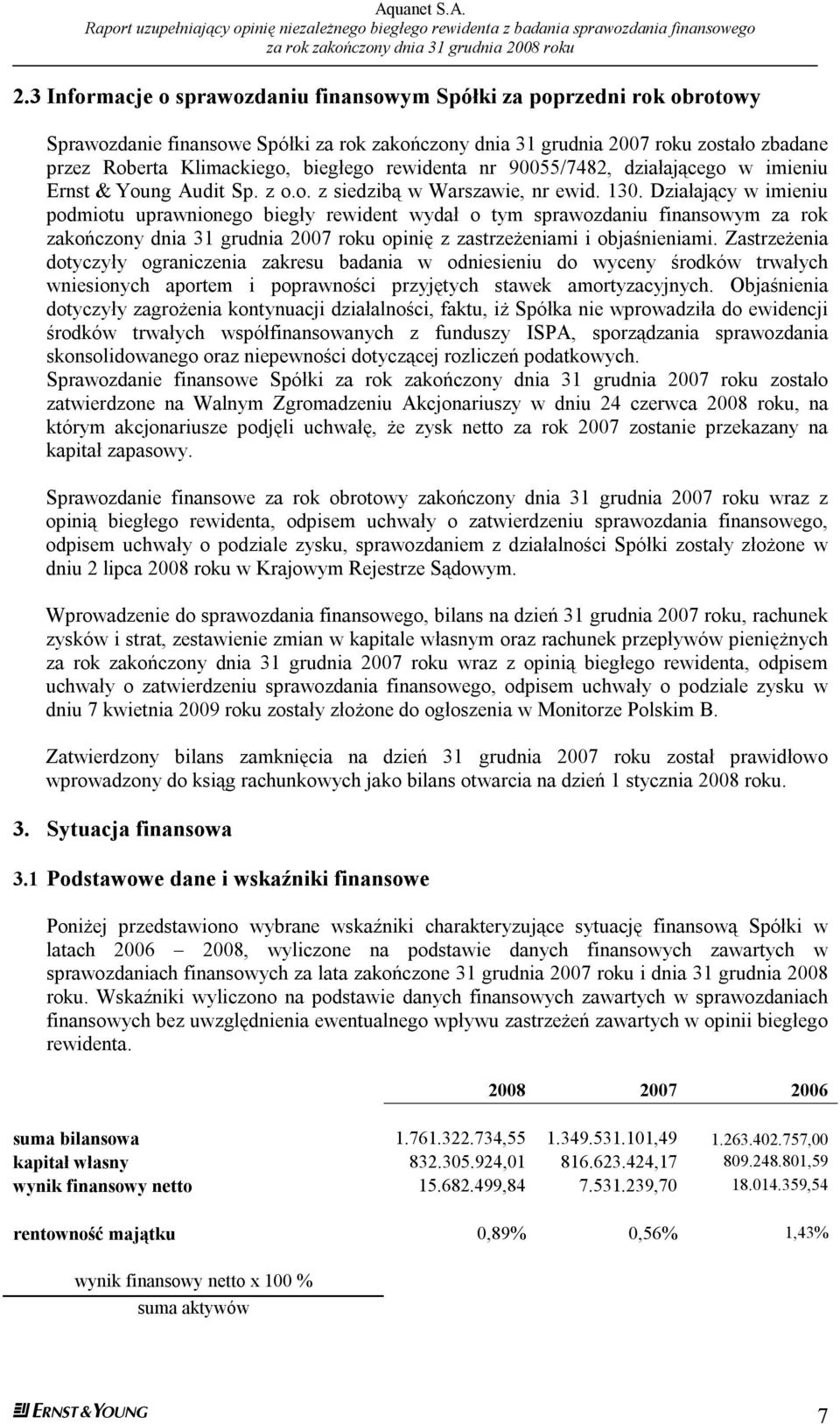 Działający w imieniu podmiotu uprawnionego biegły rewident wydał o tym sprawozdaniu finansowym za rok zakończony dnia 31 grudnia 2007 roku opinię z zastrzeżeniami i objaśnieniami.