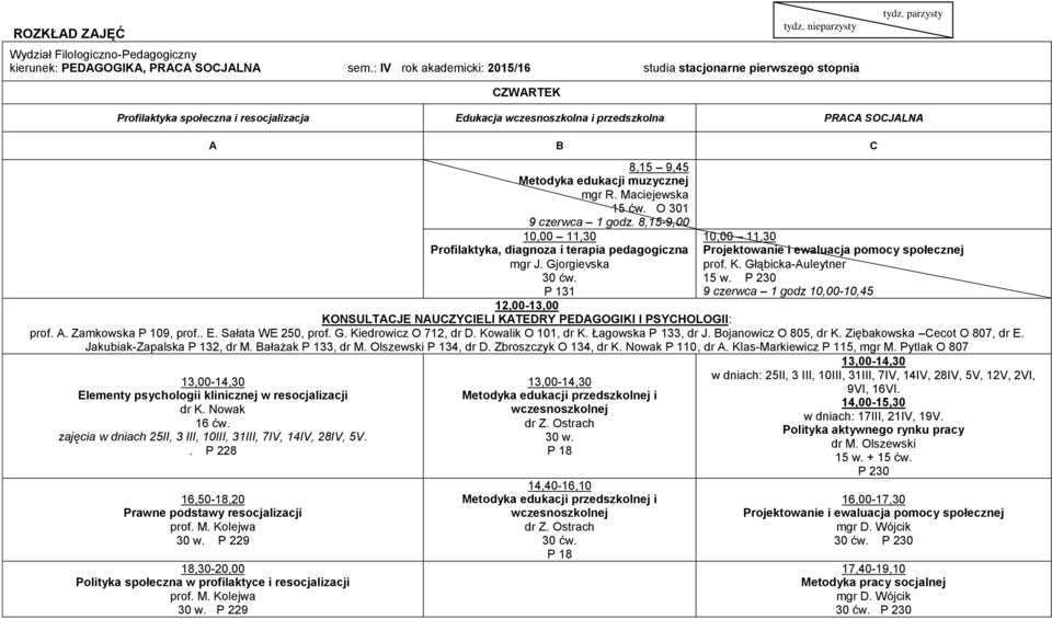 A. Zamkowska P 109, prof.. E. Sałata WE 250, O 712, dr D. Kowalik O 101, dr K. Łagowska P 133, dr J. Bojanowicz O 805, dr K. Ziębakowska Cecot O 807, dr E. Jakubiak-Zapalska P 132, dr M.