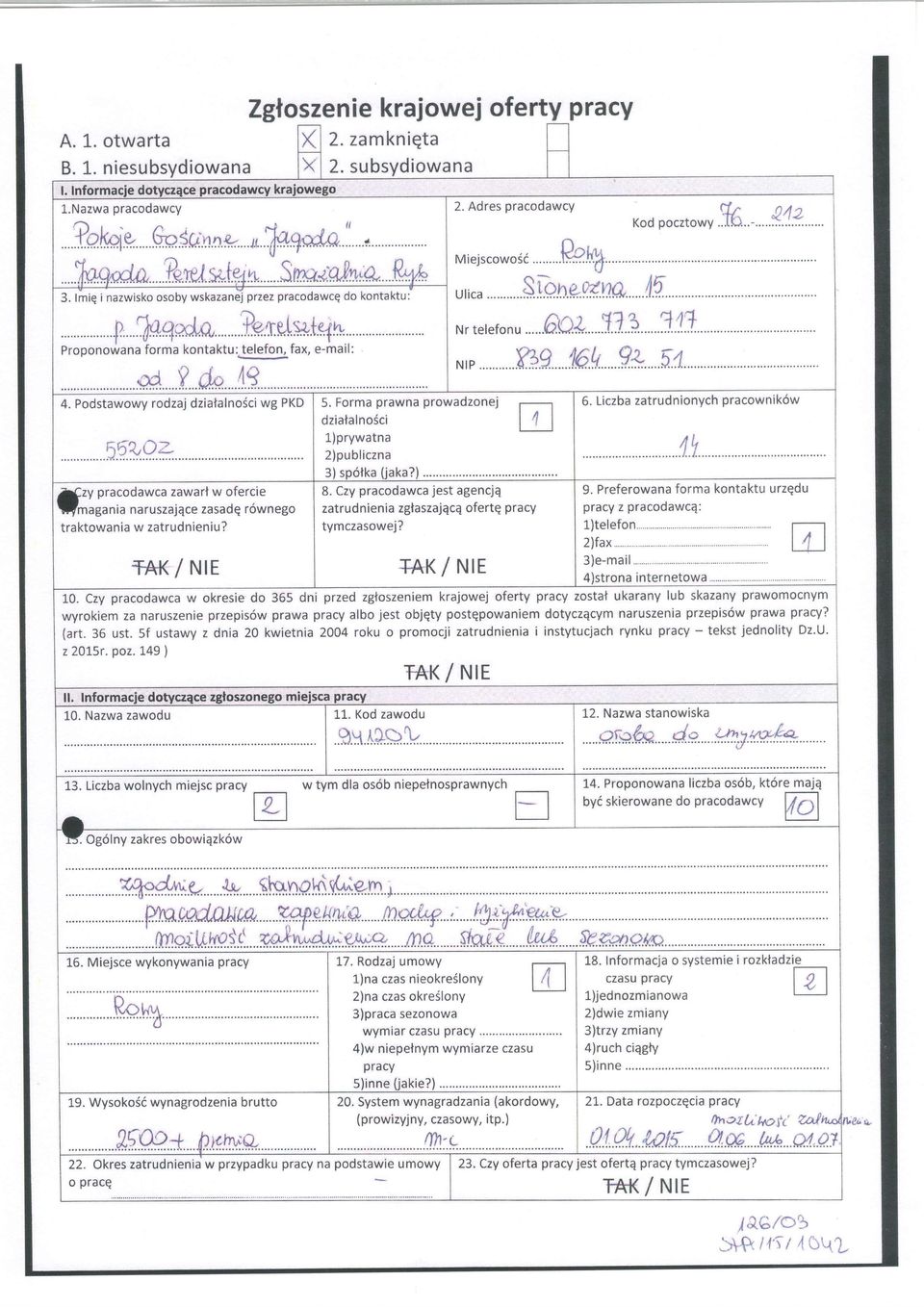 Podstawowy rodzaj dzialalnoici wg PKD -?-^ A- i.)2</w"t lczv pracodawca zawarl w ofercie I ' ' Vmagania naruszaiqce zasadq rownego traktowania w zatrudnieniu?