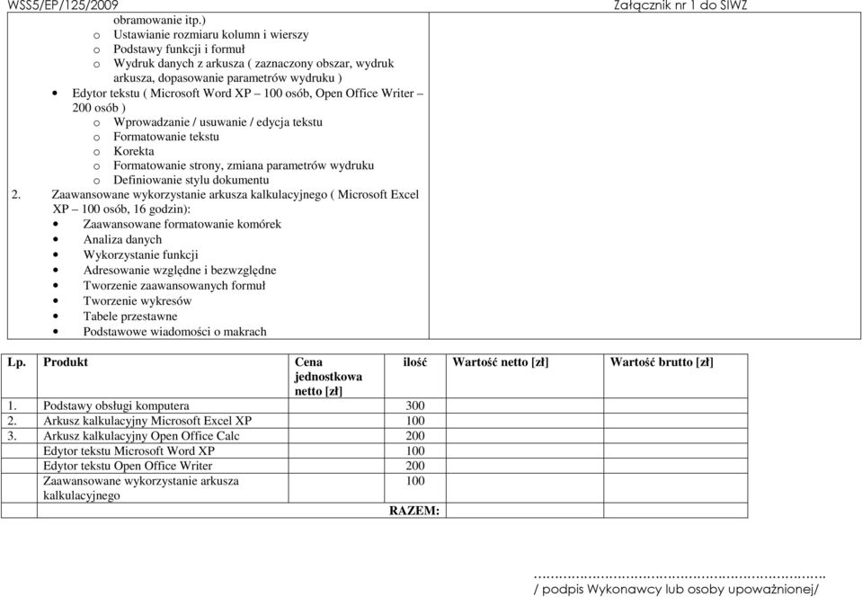 100 osób, Open Office Writer 200 osób ) o Wprowadzanie / usuwanie / edycja tekstu o Formatowanie tekstu o Korekta o Formatowanie strony, zmiana parametrów wydruku o Definiowanie stylu dokumentu 2.