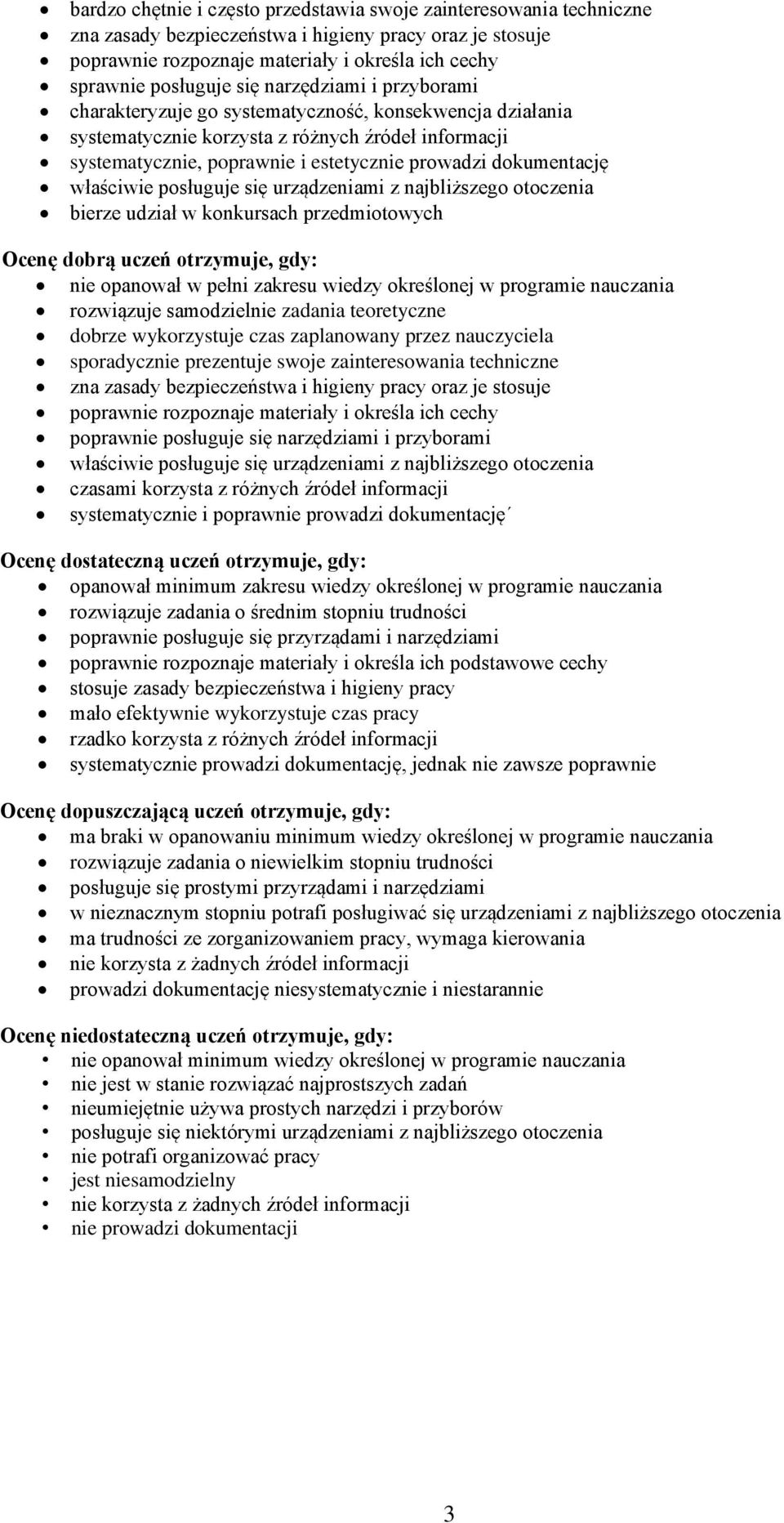 dokumentację właściwie posługuje się urządzeniami z najbliższego otoczenia bierze udział w konkursach przedmiotowych Ocenę dobrą uczeń otrzymuje, gdy: nie opanował w pełni zakresu wiedzy określonej w