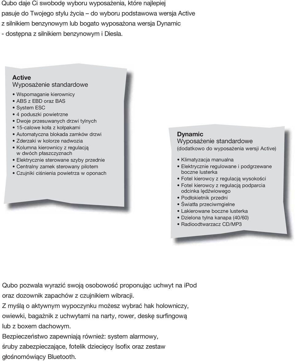 Active Wyposa enie standardowe Wspomaganie kierownicy ABS z EBD oraz BAS System ESC 4 poduszki powietrzne Dwoje przesuwanych drzwi tylnych 15-calowe ko a z kołpakami Automatyczna blokada zamków drzwi
