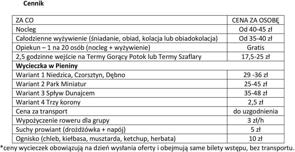 25-45 zł Wariant 3 Spływ Dunajcem 35-48 zł Wariant 4 Trzy korony 2,5 zł Cena za transport do uzgodnienia Wypożyczenie roweru dla grupy 3 zł/h Suchy prowiant (drożdżówka +