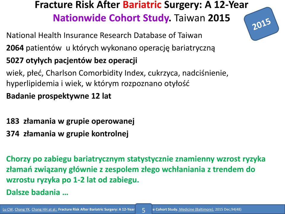 2015 Dec;94(48) 5 National Health Insurance Research Database of Taiwan 2064 patientów u których wykonano operację bariatryczną 5027 otyłych pacjentów bez operacji wiek, płeć, Charlson