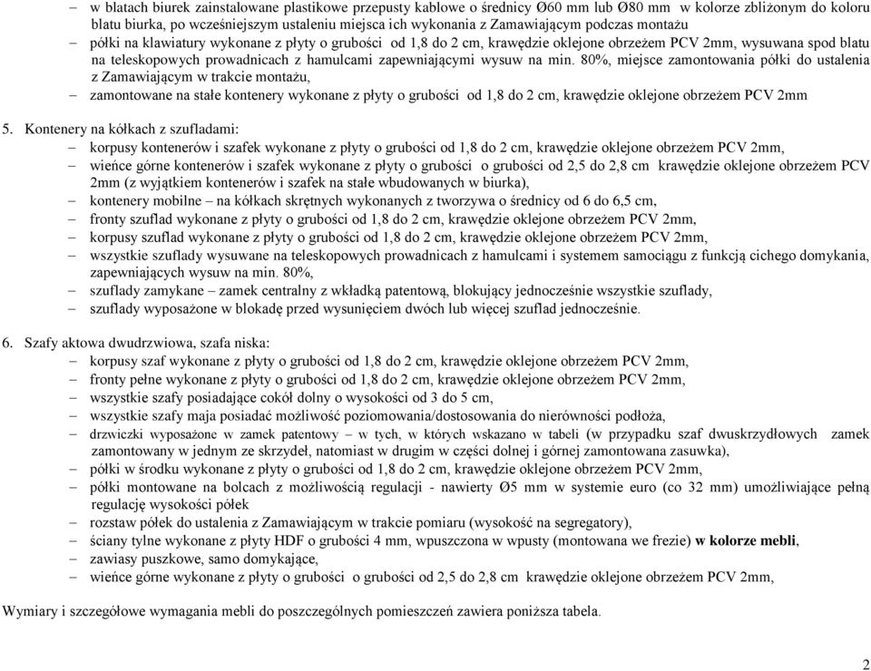 na min. 80%, miejsce zamontowania półki do ustalenia z Zamawiającym w trakcie montażu, zamontowane na stałe kontenery wykonane z płyty o grubości od 1,8 do 2 cm, krawędzie oklejone obrzeżem PCV 2mm 5.