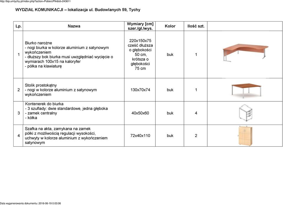 220x50x75 cześć dłuższa o głębokości 50 cm, krótsza o głębokości 75 cm buk 2 3 Stolik prostokątny - nogi w kolorze aluminium z satynowym wykończeniem Kontenerek do biurka - 3