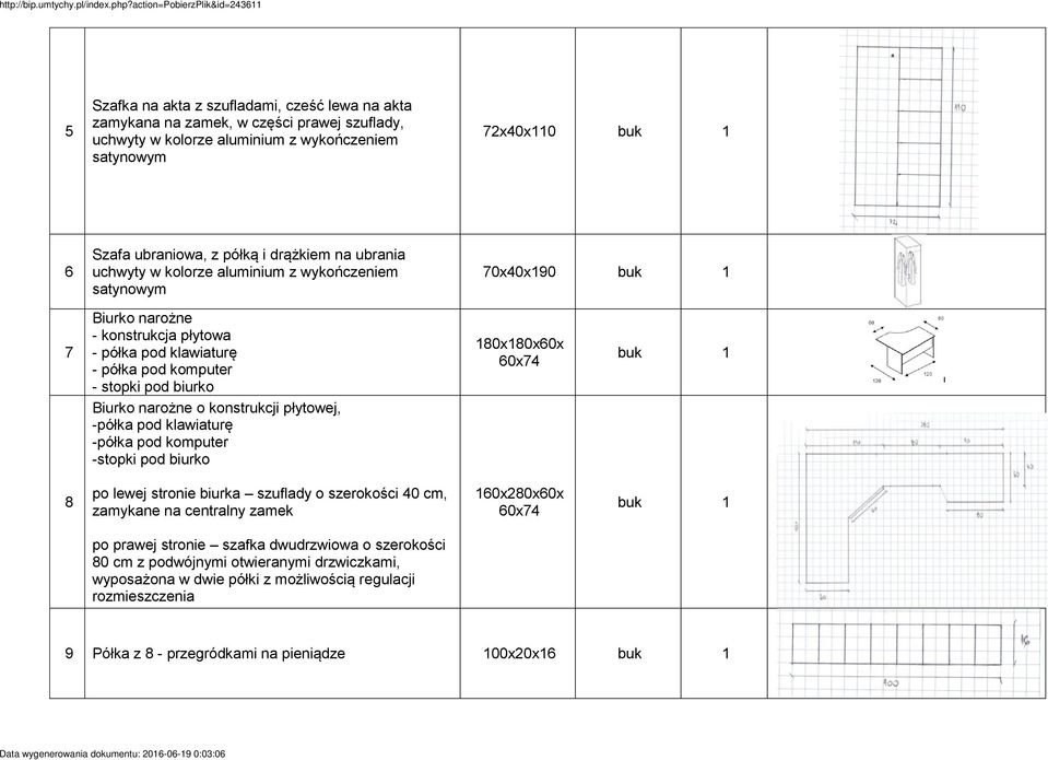 Biurko narożne o konstrukcji płytowej, -półka pod klawiaturę -półka pod komputer -stopki pod biurko 8 po lewej stronie biurka szuflady o szerokości 40 cm, zamykane na centralny zamek 60x280x60x 60x74