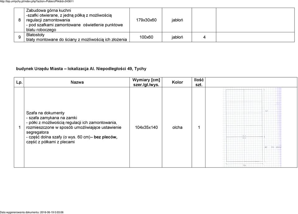 Niepodległości 49, Tychy Lp. Nazwa Wymiary [cm] szer./gł./wys. Kolor Ilość szt.