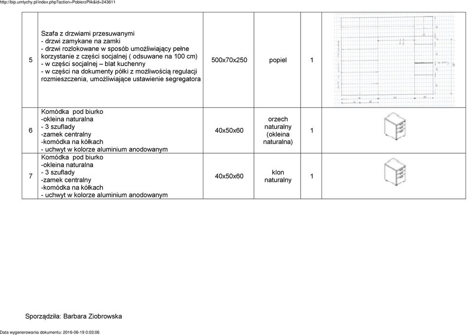 części socjalnej blat kuchenny - w części na dokumenty półki z możliwością regulacji rozmieszczenia, umożliwiające ustawienie segregatora 500x70x250 popiel 6 7 Komódka pod biurko -okleina