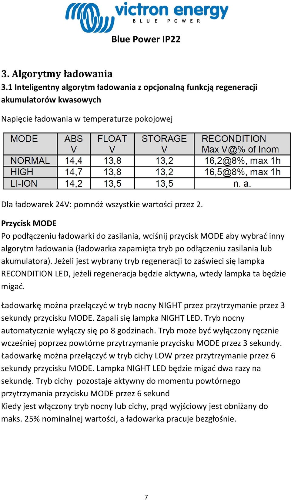 Przycisk MODE Po podłączeniu ładowarki do zasilania, wciśnij przycisk MODE aby wybrać inny algorytm ładowania (ładowarka zapamięta tryb po odłączeniu zasilania lub akumulatora).