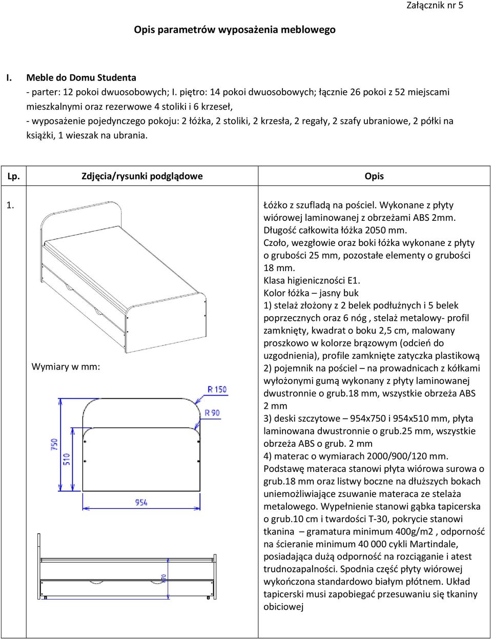 ubraniowe, 2 półki na książki, 1 wieszak na ubrania. Lp. Zdjęcia/rysunki podglądowe Opis 1. Wymiary w mm: Łóżko z szufladą na pościel. Wykonane z płyty wiórowej laminowanej z obrzeżami ABS 2mm.