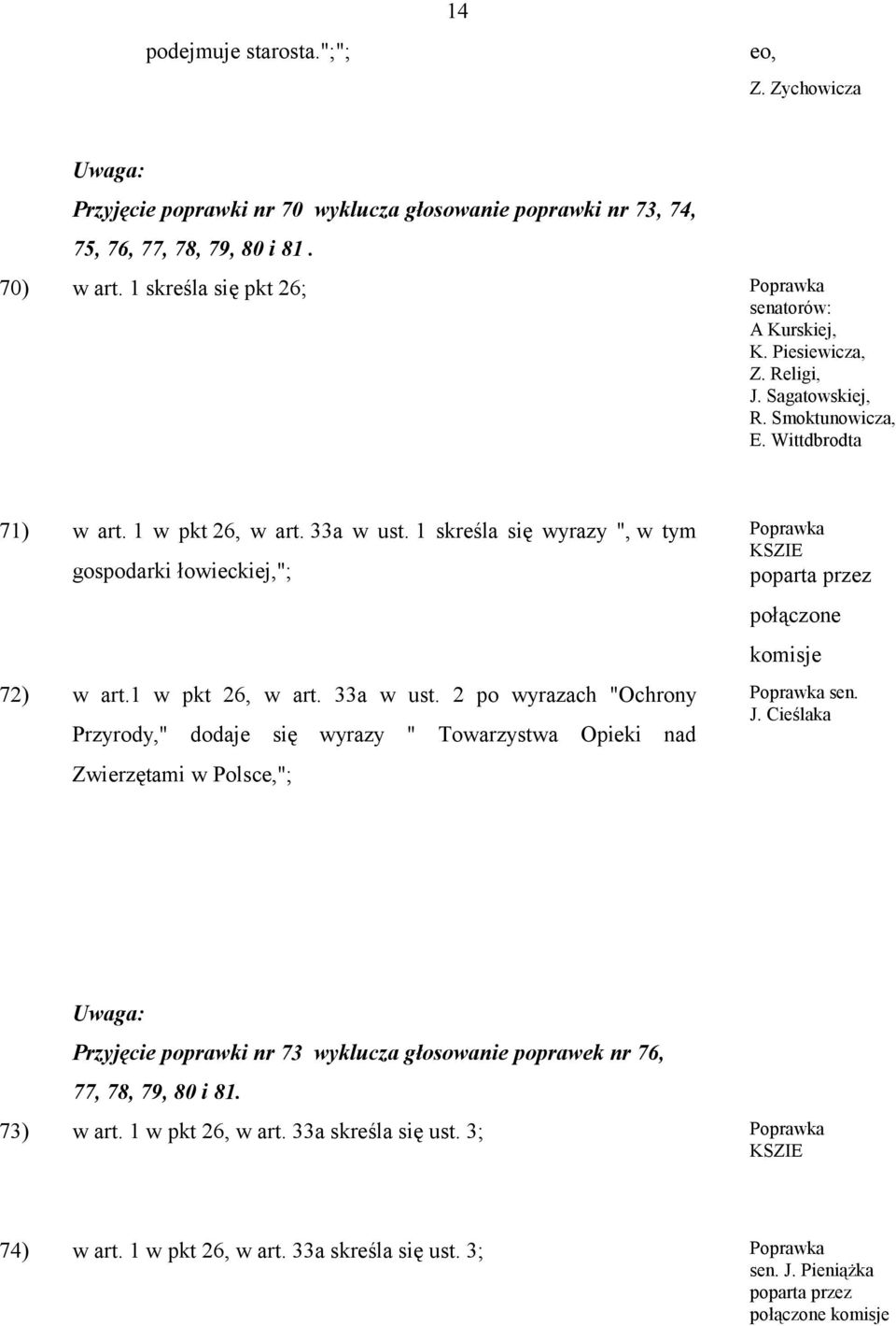 1 w pkt 26, w art. 33a w ust. 2 po wyrazach "Ochrony Przyrody," dodaje się wyrazy " Towarzystwa Opieki nad Zwierzętami w Polsce,"; KSZIE połączone komisje sen.