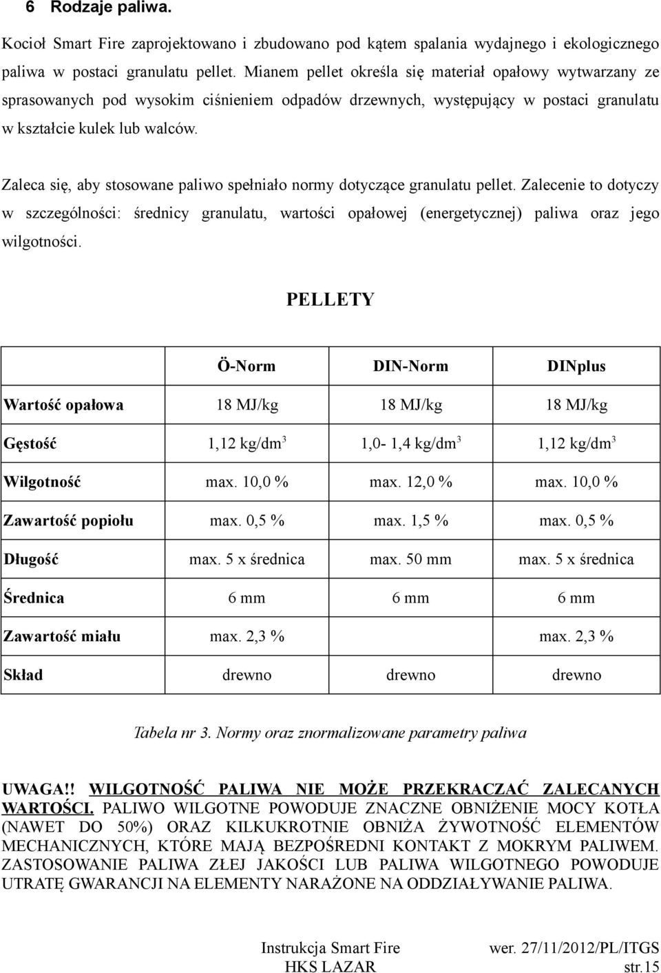 Zaleca się, aby stosowane paliwo spełniało normy dotyczące granulatu pellet. Zalecenie to dotyczy w szczególności: średnicy granulatu, wartości opałowej (energetycznej) paliwa oraz jego wilgotności.