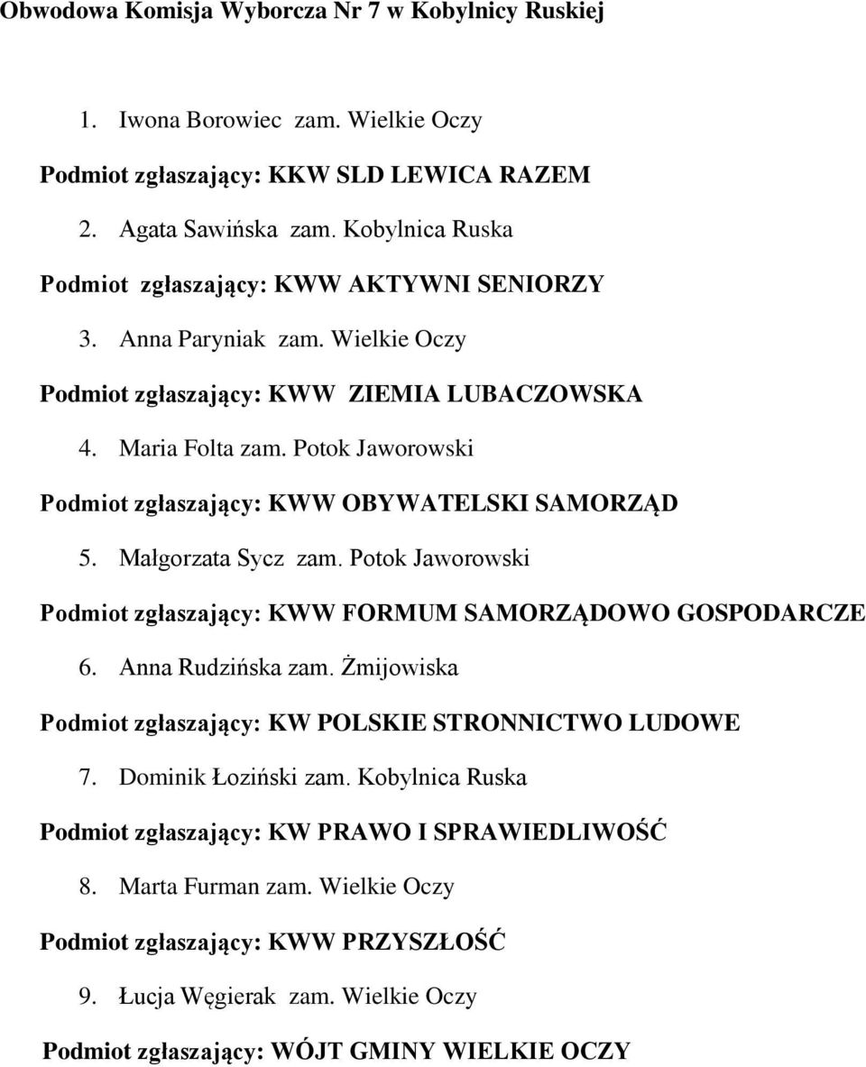 Małgorzata Sycz zam. Potok Jaworowski Podmiot zgłaszający: KWW FORMUM SAMORZĄDOWO GOSPODARCZE 6.