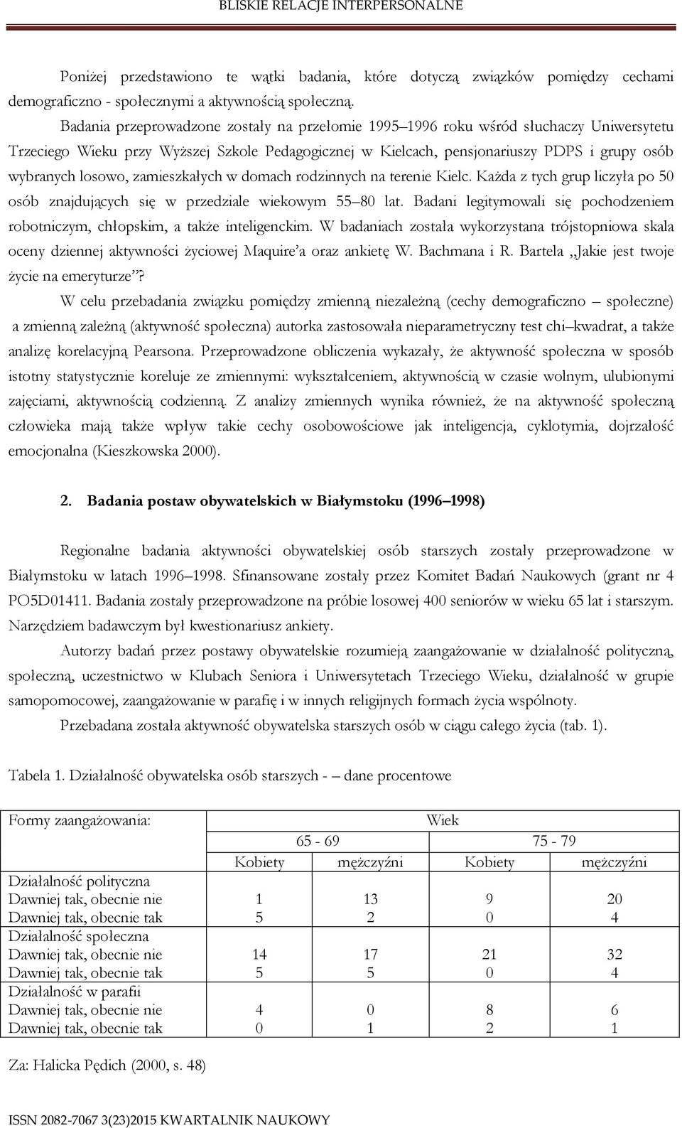 losowo, zamieszkałych w domach rodzinnych na terenie Kielc. Każda z tych grup liczyła po 5 osób znajdujących się w przedziale wiekowym 55 8 lat.