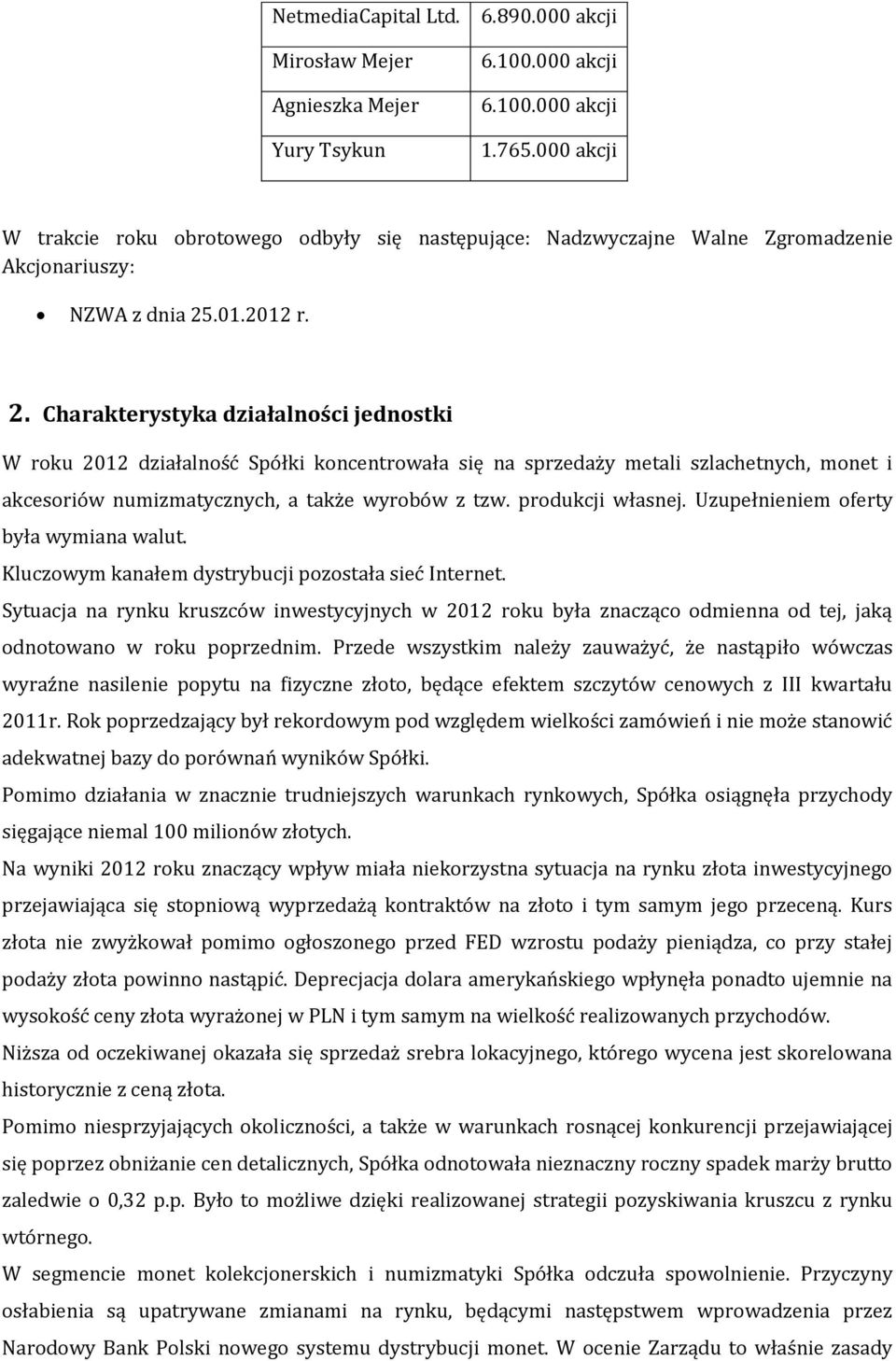 .01.2012 r. 2. Charakterystyka działalności jednostki W roku 2012 działalność Spółki koncentrowała się na sprzedaży metali szlachetnych, monet i akcesoriów numizmatycznych, a także wyrobów z tzw.