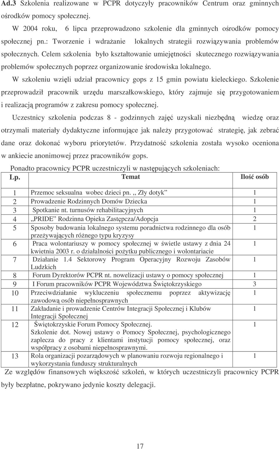 Celem szkolenia było kształtowanie umiejtnoci skutecznego rozwizywania problemów społecznych poprzez organizowanie rodowiska lokalnego.